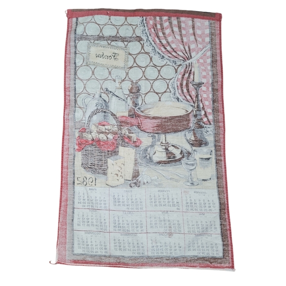 Vintage tea towel with 1982 calendar and fondue design - Picture 2 of 6